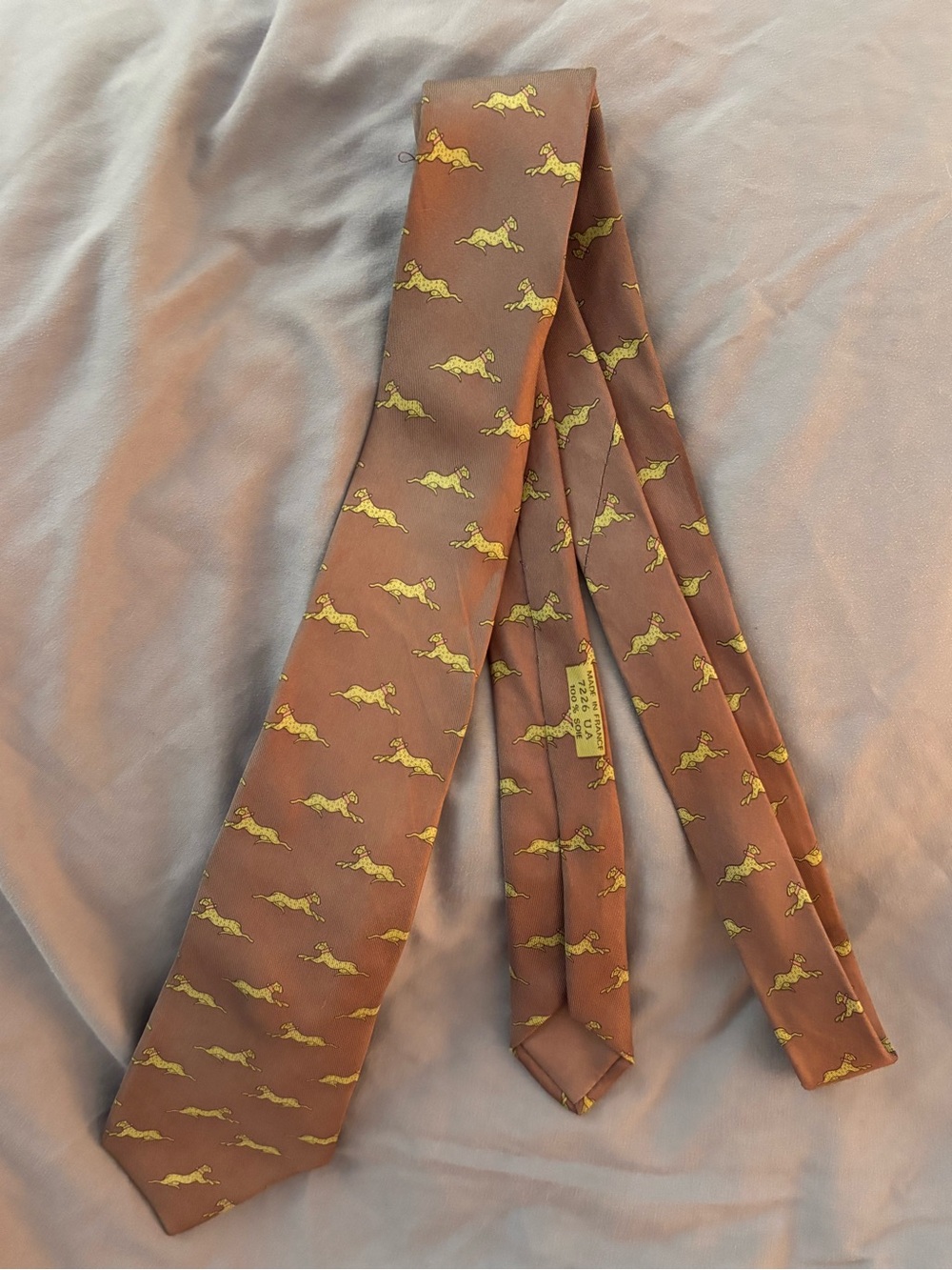 Hermes Brown Silk Tie with Yellow Great Dane Pattern